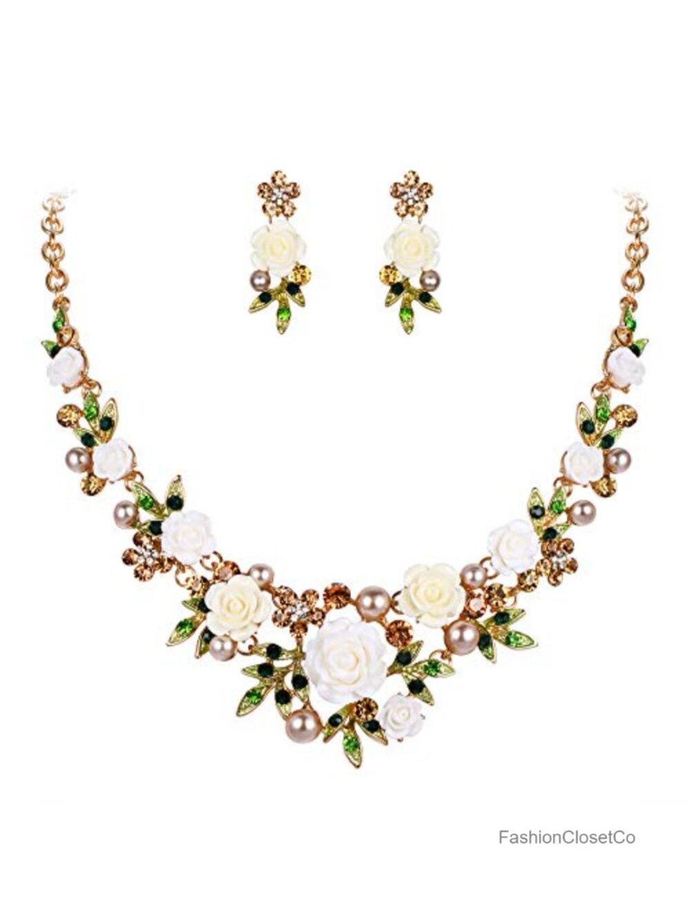 Crystal Simulated Pearl Rose Flower Leaf Necklace Earrings Set